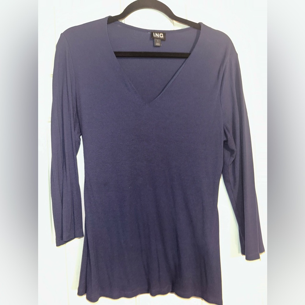INC Blue Vneck Ribbed Shirt 3/4 Sleeves GUC